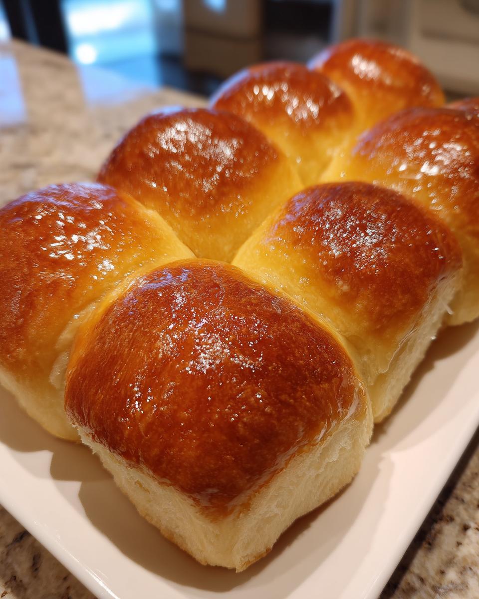 A close-up of glossy, golden-brown sourdough discard rolls baked together on a white platter.