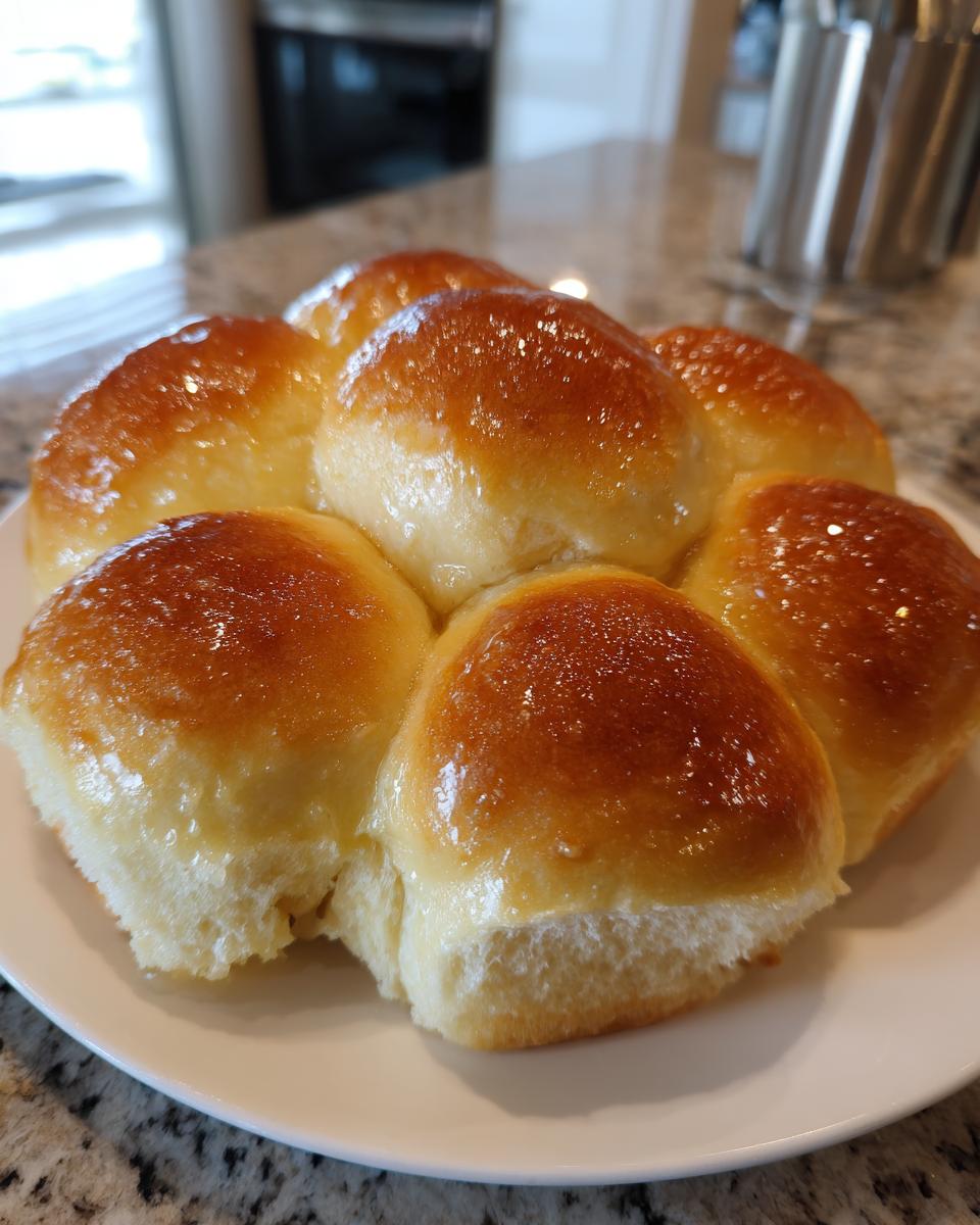 A cluster of golden brown, glossy sourdough discard rolls served on a white plate.