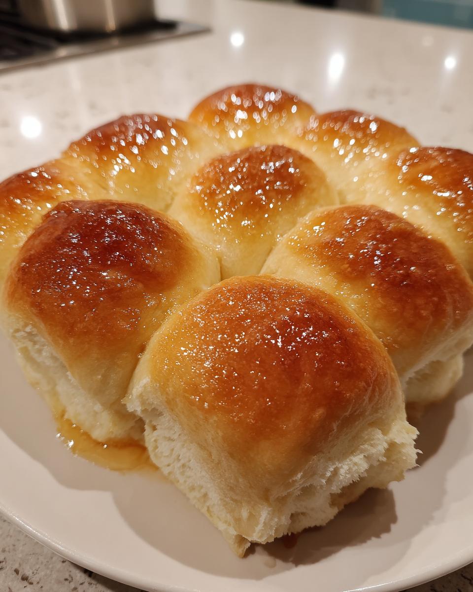 A cluster of golden brown sourdough discard rolls baked together and topped with a shiny honey glaze.