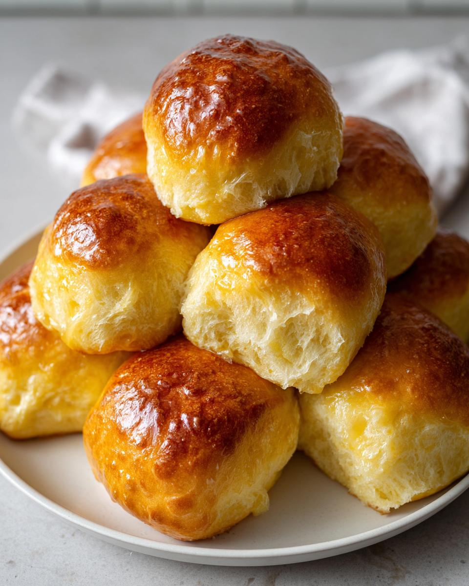 A close-up stack of golden brown, shiny sourdough discard rolls piled high on a white plate.