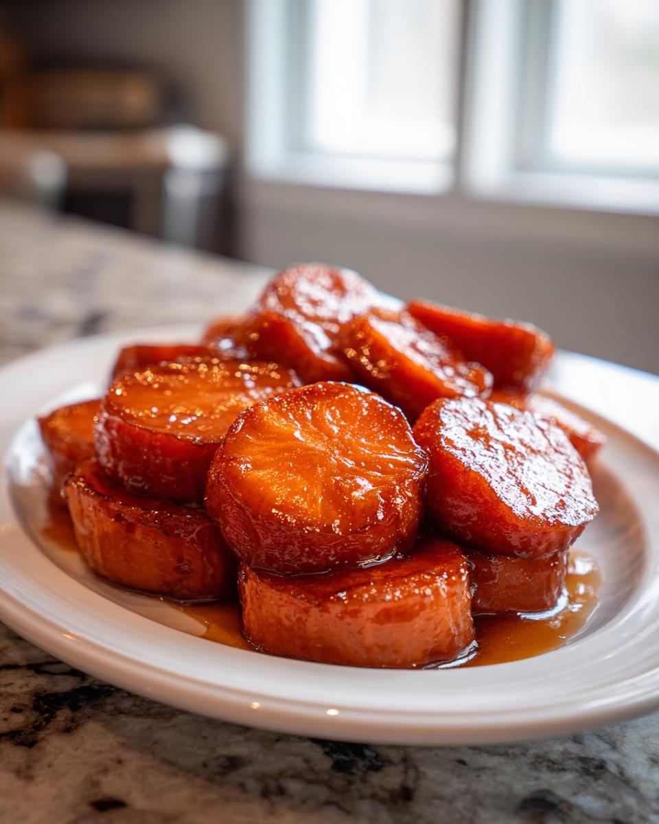 Close-up of thick-cut, glossy southern candied yams piled high on a white plate, covered in rich syrup.