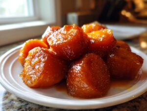 A close-up of several glossy, orange pieces of southern candied yams piled on a white plate.