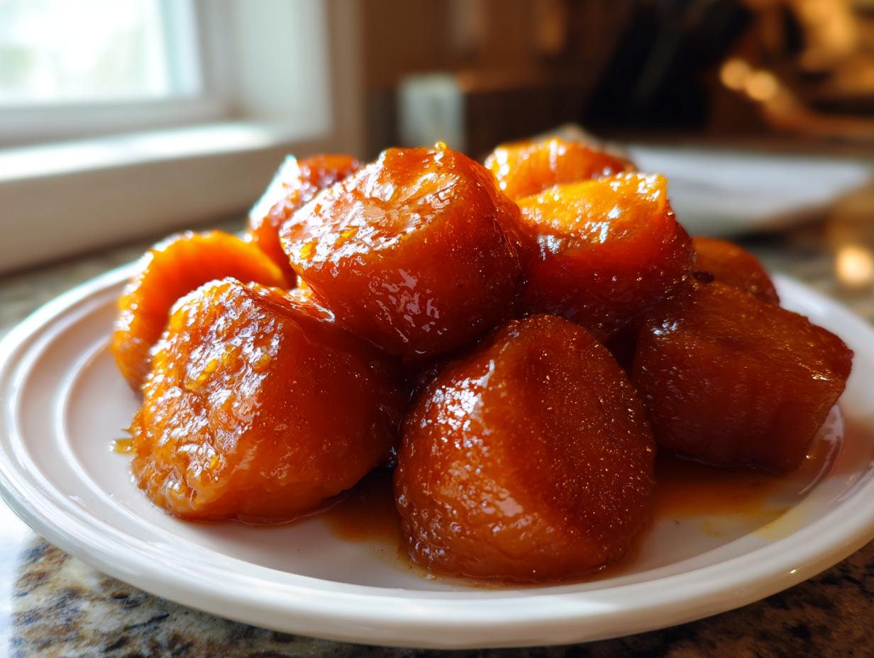 A close-up of several glossy, orange pieces of southern candied yams piled on a white plate.