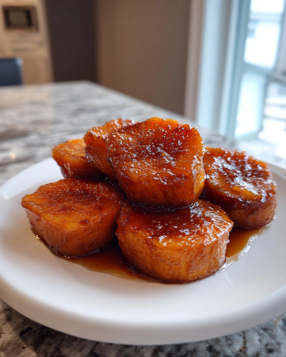 A stack of thick, round, glazed southern candied yams glistening with syrup on a white plate.