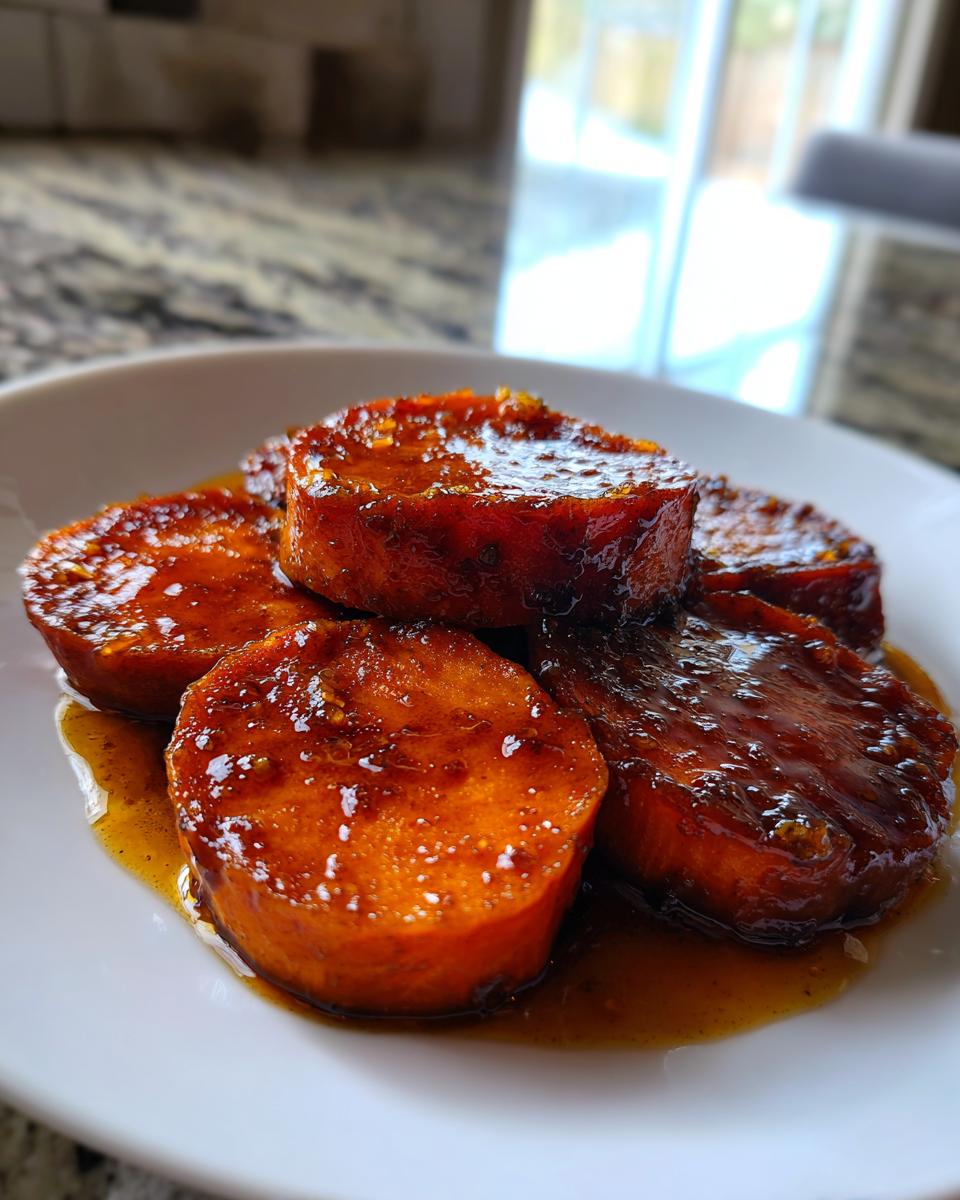 Close-up of thick-cut, glazed southern candied yams piled on a white plate, glistening with sweet syrup.