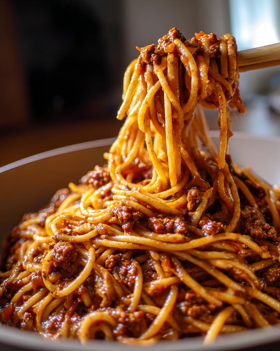 Close-up of spaghetti noodles coated in rich bolognese sauce being lifted from a bowl with chopsticks.