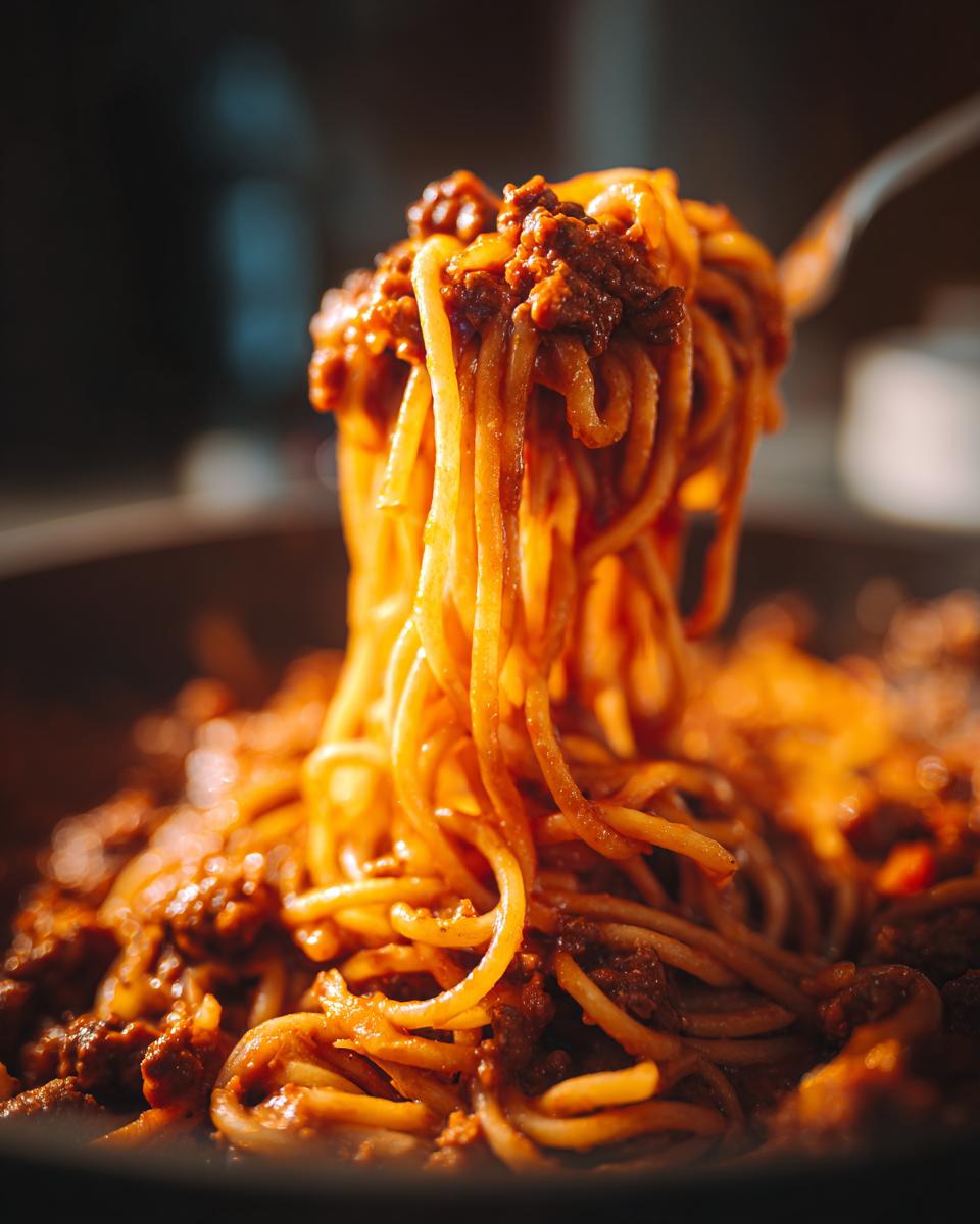 A fork lifting long strands of spaghetti generously coated in rich, meaty bolognese sauce.