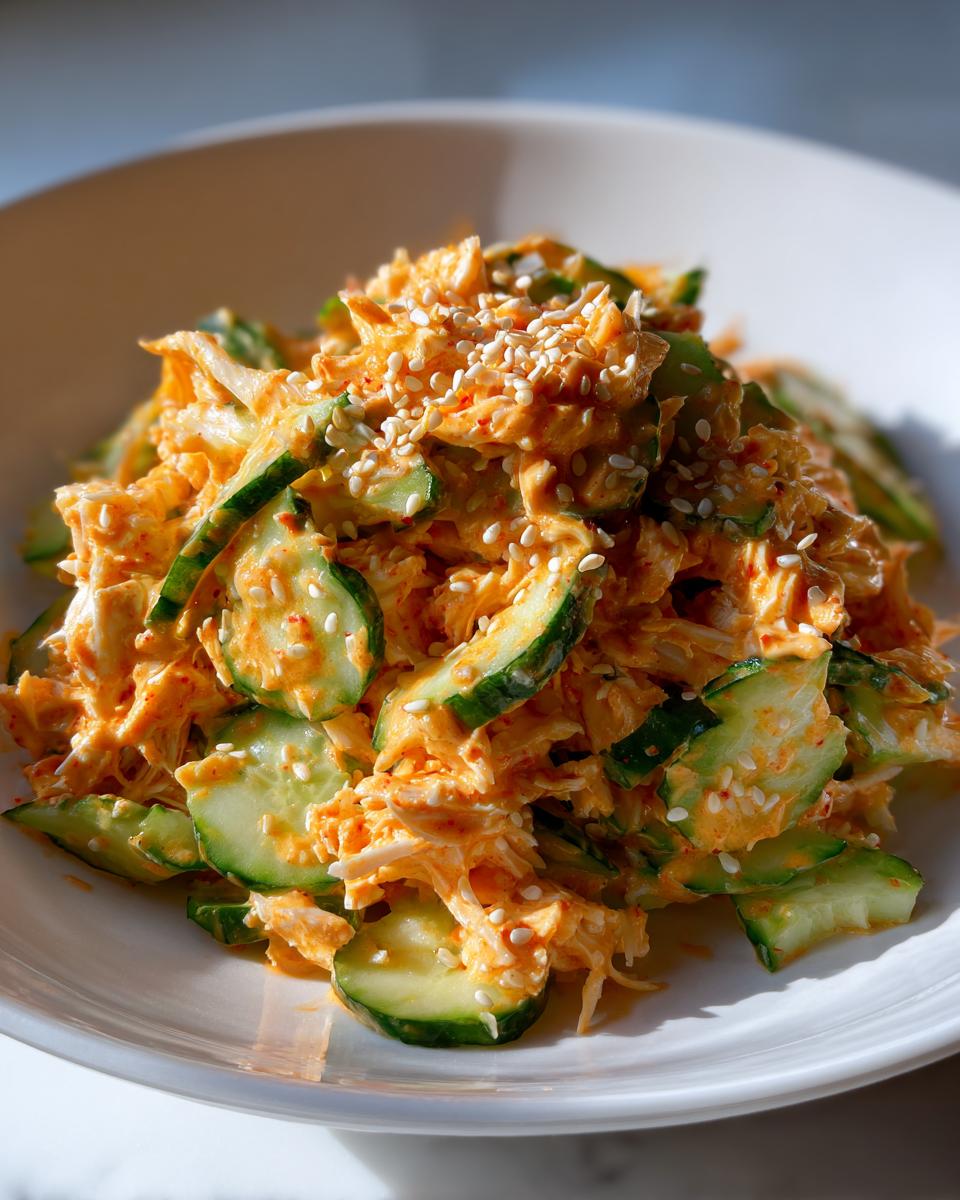 A close-up of creamy, orange-tinted kani salad mixed with sliced cucumbers and topped generously with white sesame seeds.