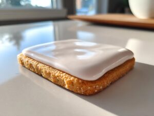 Close-up of a square sugar cookie topped with a thick layer of smooth, glossy sugar cookie icing.