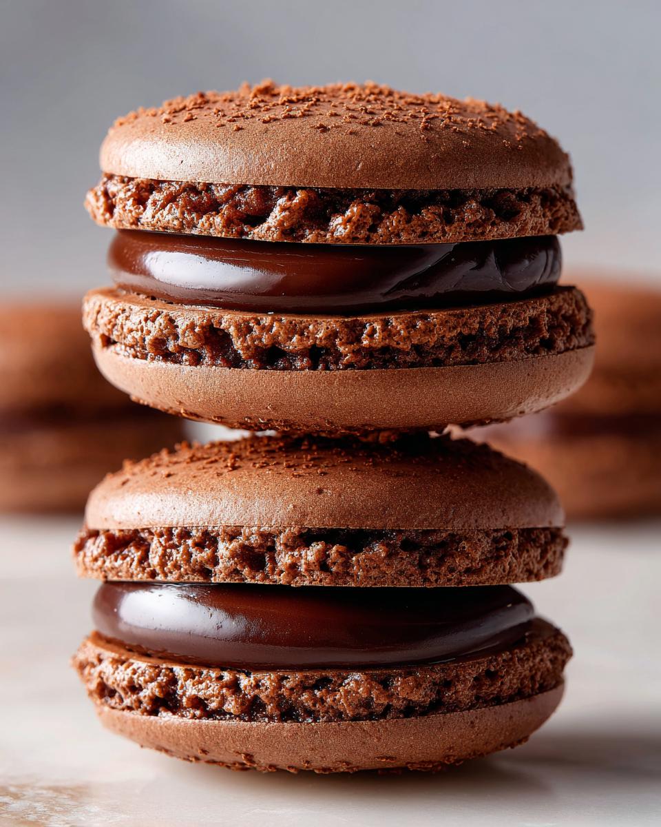 Close-up of two stacked, rich brown chocolate macarons filled with glossy ganache.