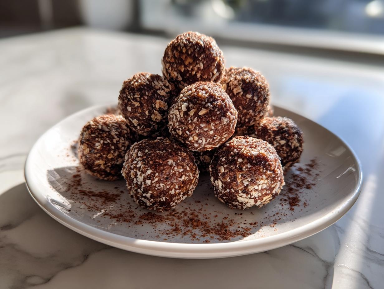 A stack of homemade chocolate protein balls coated in oats, dusted with cocoa powder on a white plate.