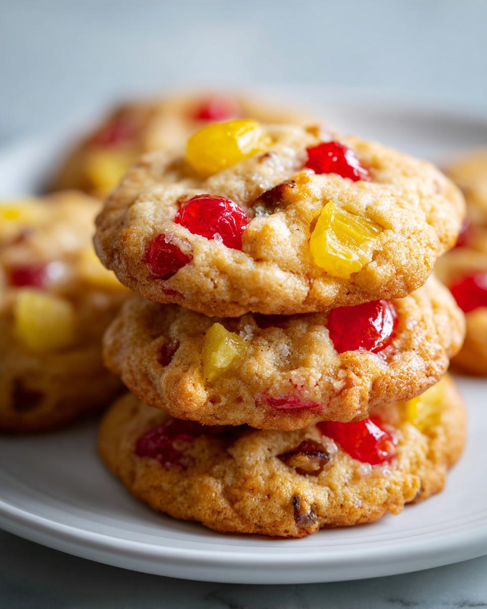A close-up stack of three chewy fruitcake cookies studded with bright red and yellow candied fruit.