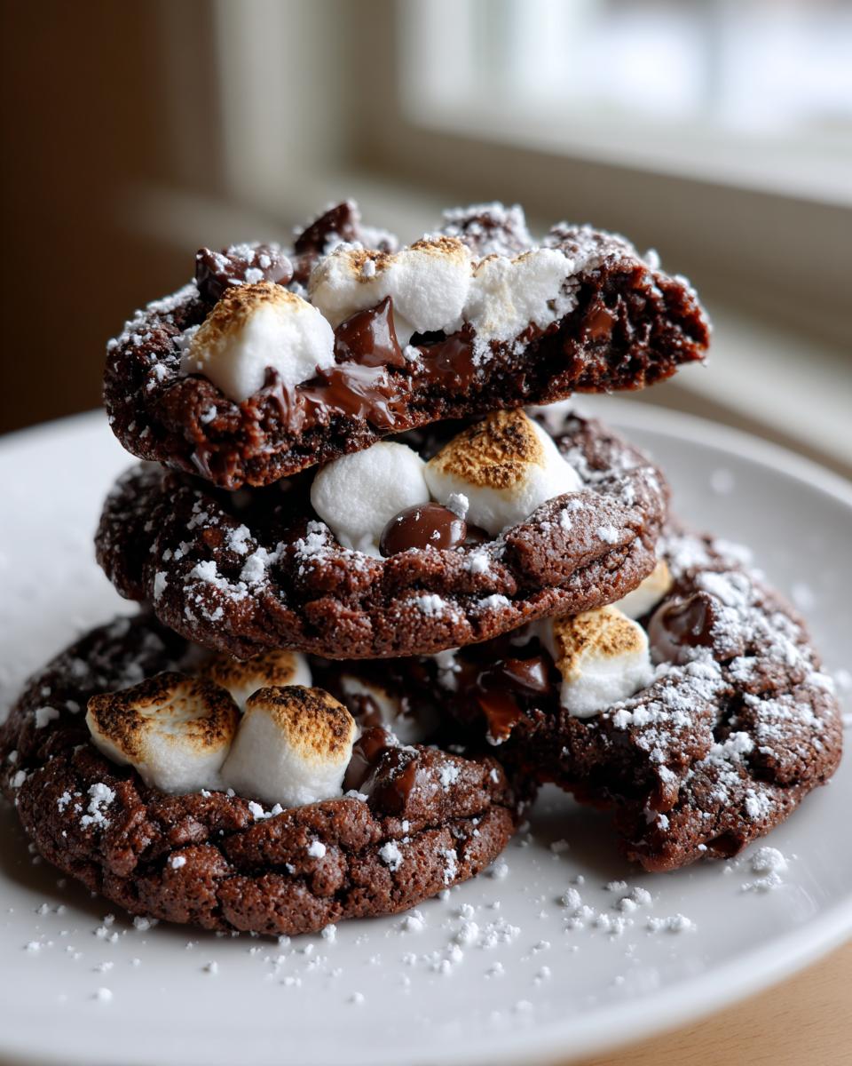 A stack of rich, dark hot chocolate cookies topped with toasted marshmallows and powdered sugar.