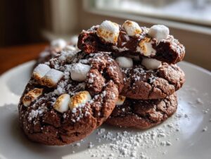 A stack of rich, dark hot chocolate cookies topped with toasted mini marshmallows and powdered sugar.
