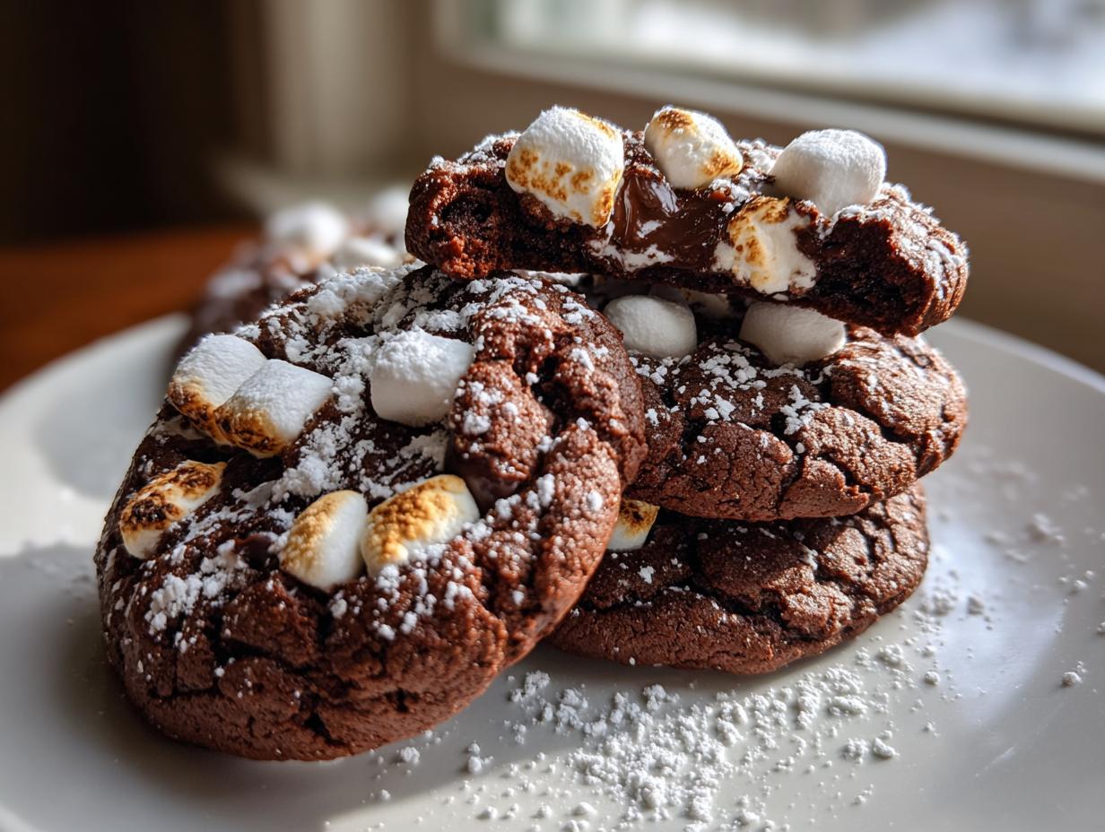 A stack of rich, dark hot chocolate cookies topped with toasted mini marshmallows and powdered sugar.
