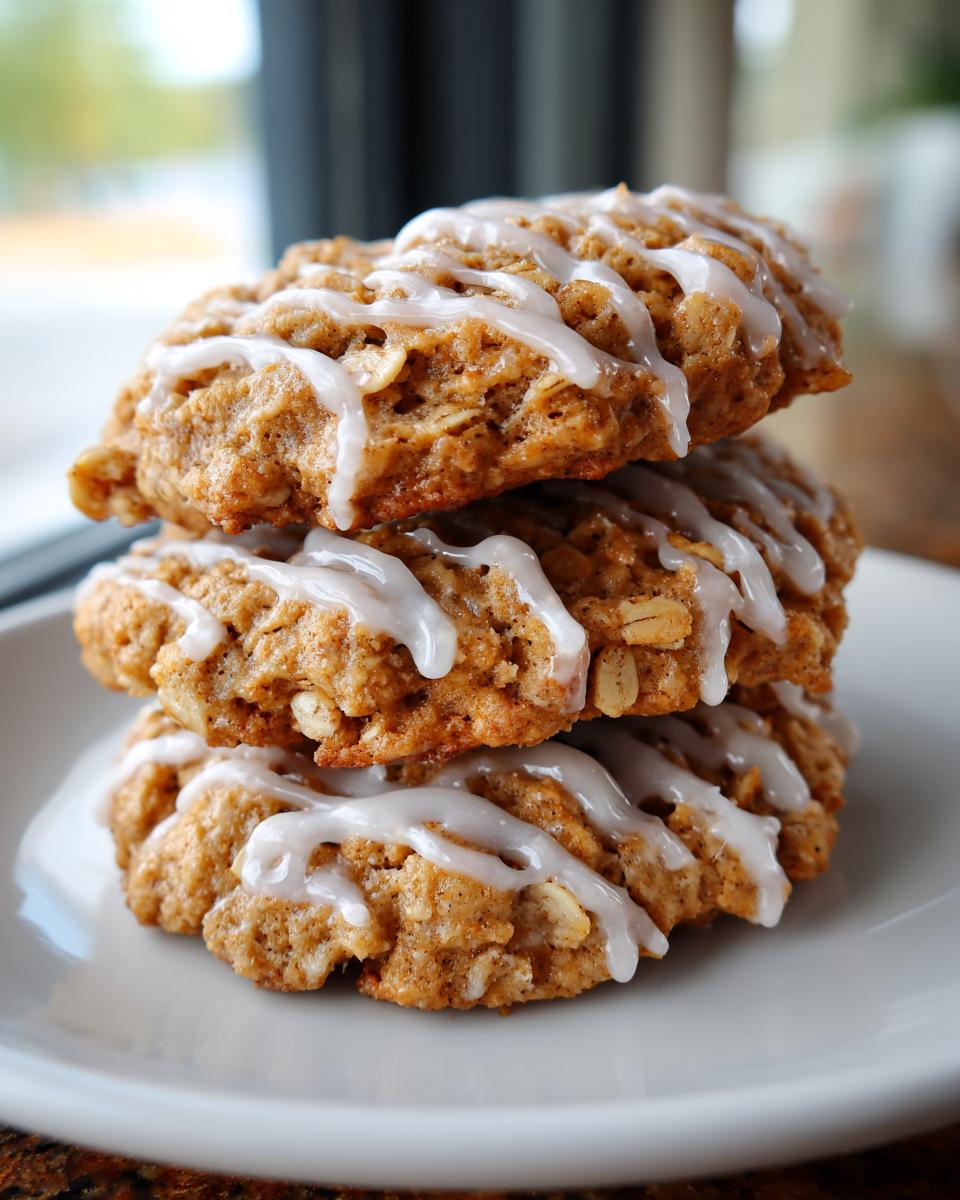 A stack of three soft, chewy iced oatmeal cookies drizzled with thick white vanilla icing.