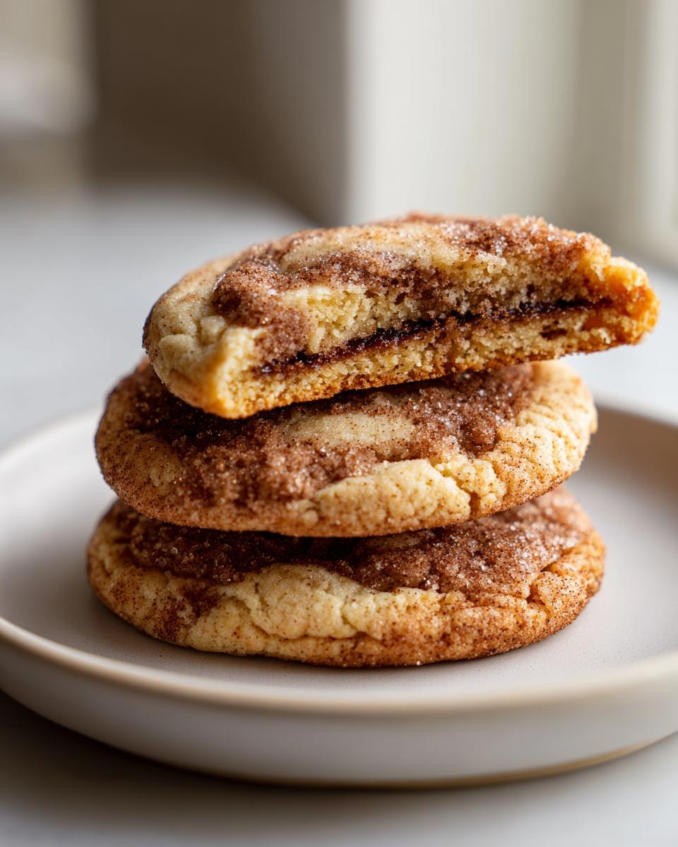 A stack of three soft coffee cake cookies, one broken open to show the cinnamon swirl filling.