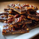A close-up stack of rich, layered pecan pie bark pieces topped with glossy pecans.