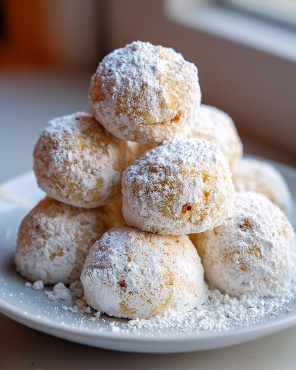 A stack of freshly baked russian tea cakes heavily dusted with powdered sugar, resting on a light blue plate.