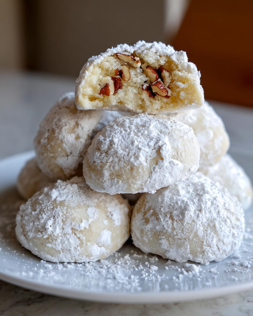 A stack of powdered sugar-dusted Russian tea cakes, one broken open showing chopped pecans inside.