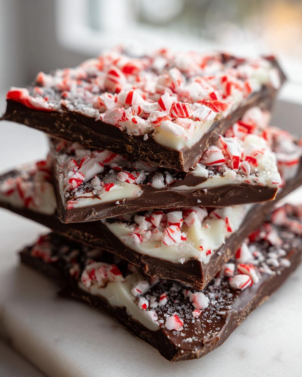 A stack of four pieces of dark and white chocolate peppermint bark topped with crushed candy canes.