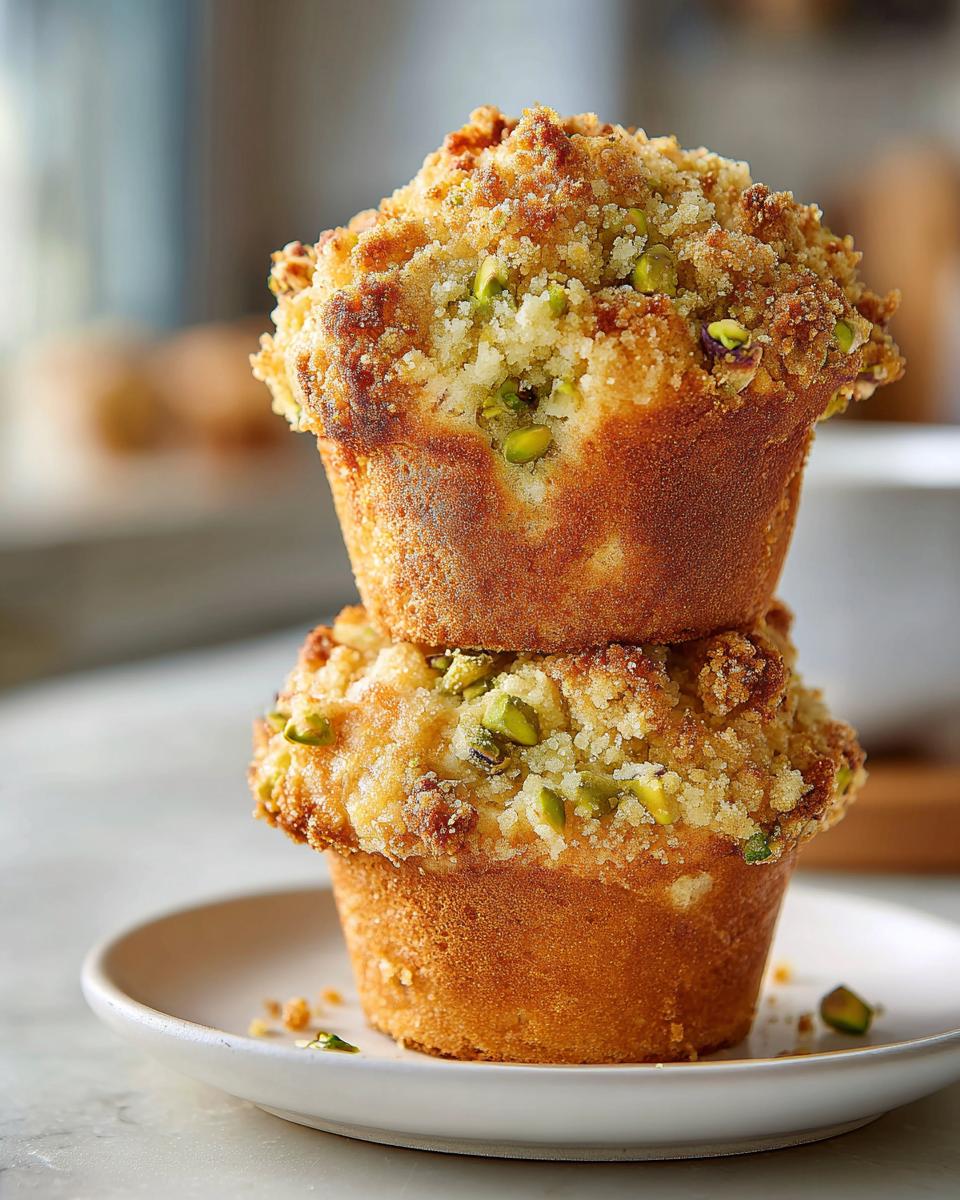 Two golden brown pistachio muffins stacked on a small white plate, featuring a crunchy streusel topping with visible green pistachio pieces.