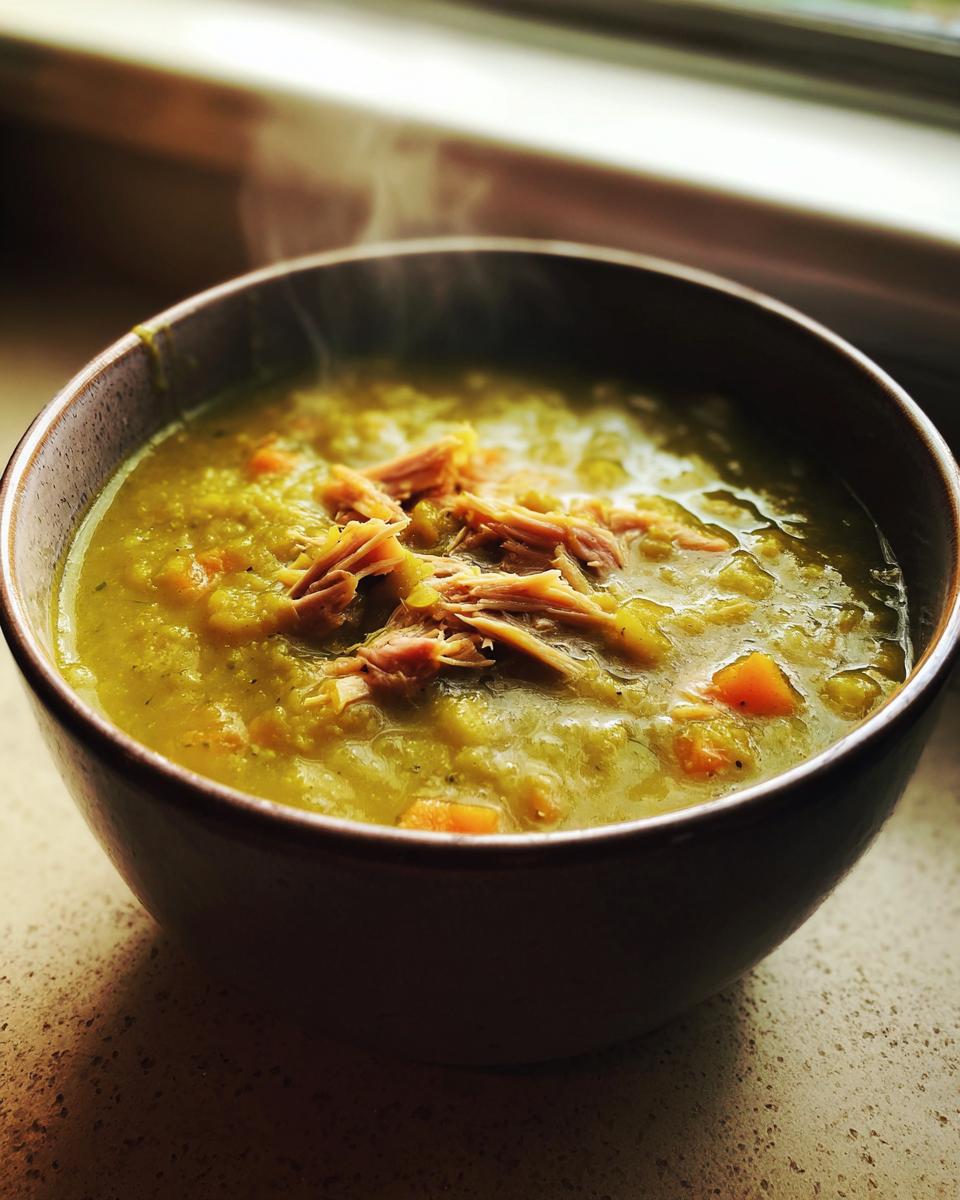 A steaming bowl of thick, green pea soup topped with shredded pulled meat, set near a window.