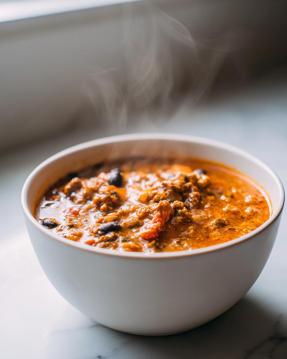 Close-up of a steaming white bowl filled with rich, orange-hued pumpkin chili and black beans.