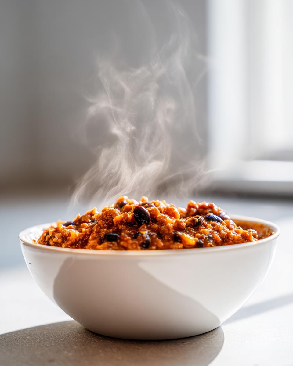 A close-up of a white bowl filled with steaming hot pumpkin chili, featuring beans and a rich orange color.