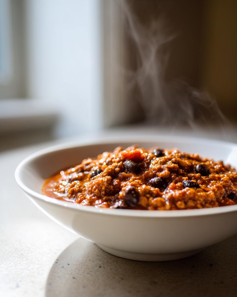 Close-up of a steaming white bowl filled with rich, thick pumpkin chili and black beans.