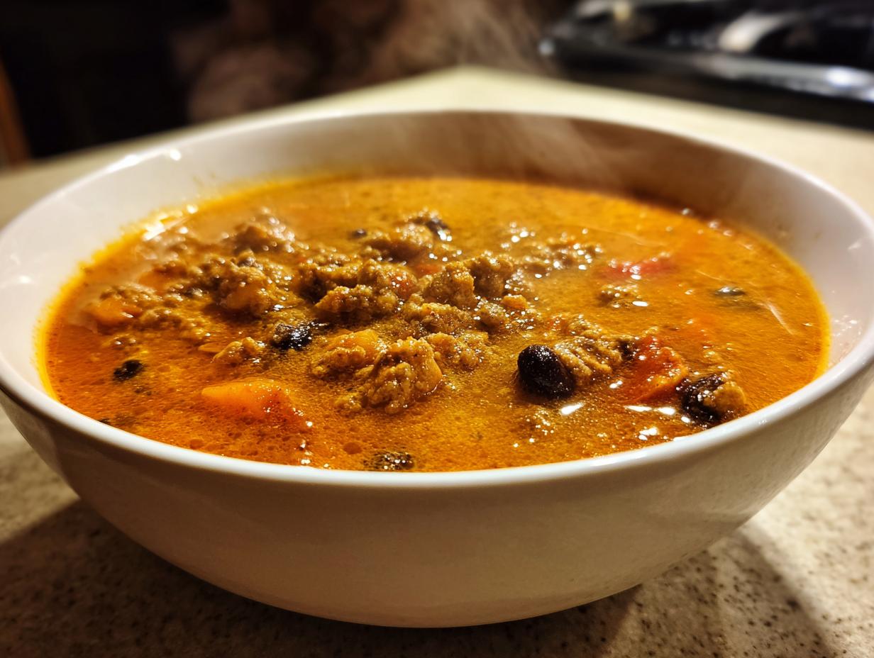 Close-up of a steaming white bowl filled with rich, orange-hued pumpkin chili featuring ground meat and beans.