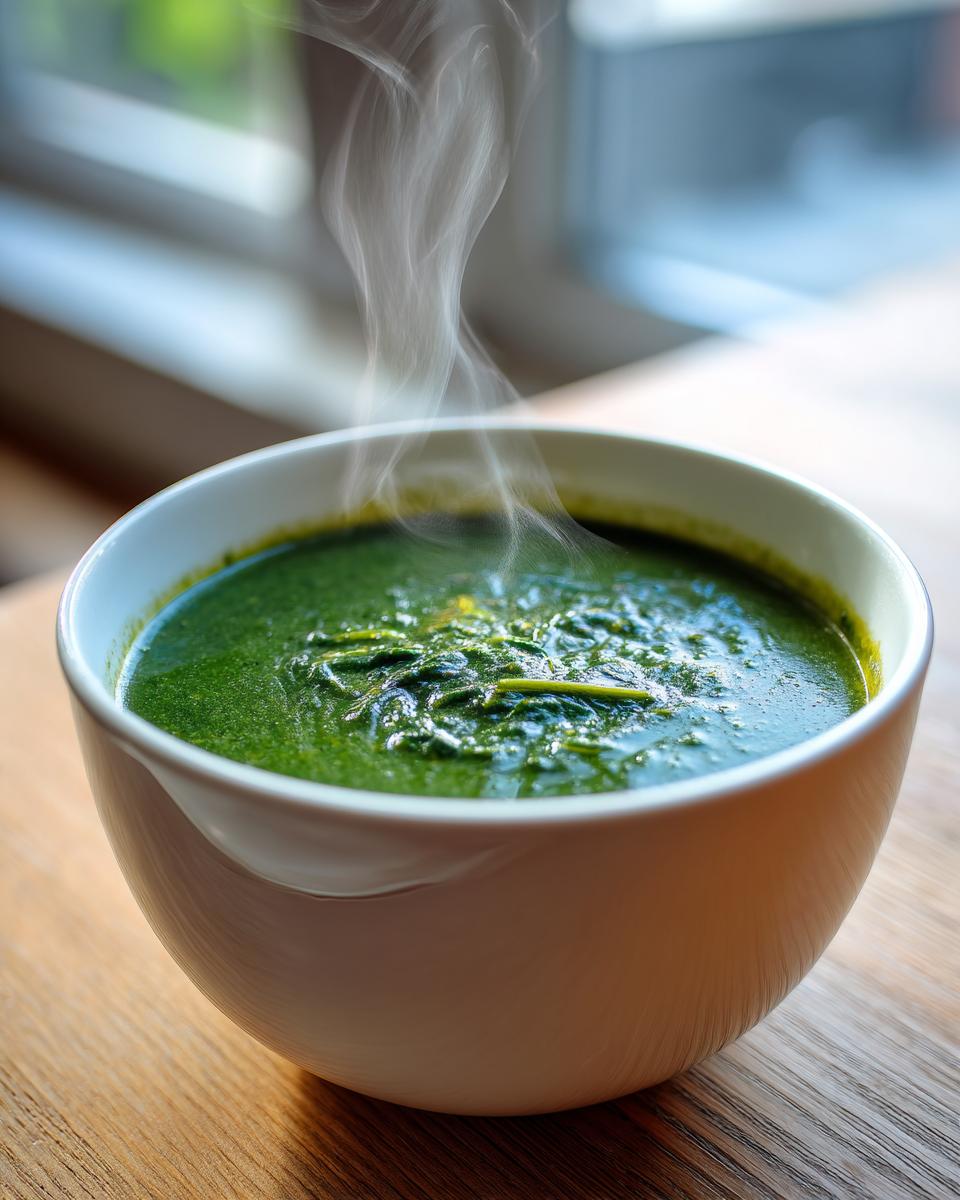 A white bowl filled with hot, vibrant green creamy spinach soup, steam rising from the surface.