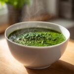 Close-up of a steaming white bowl filled with vibrant green, creamy spinach soup on a wooden surface.