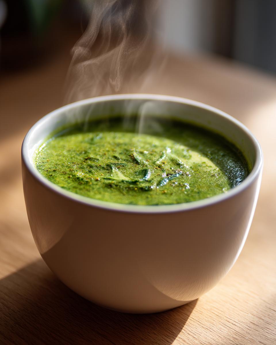 Close-up of a steaming white bowl filled with vibrant green, creamy spinach soup.