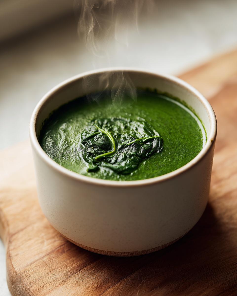 A close-up of a steaming bowl of vibrant green, creamy spinach soup garnished with wilted spinach leaves.