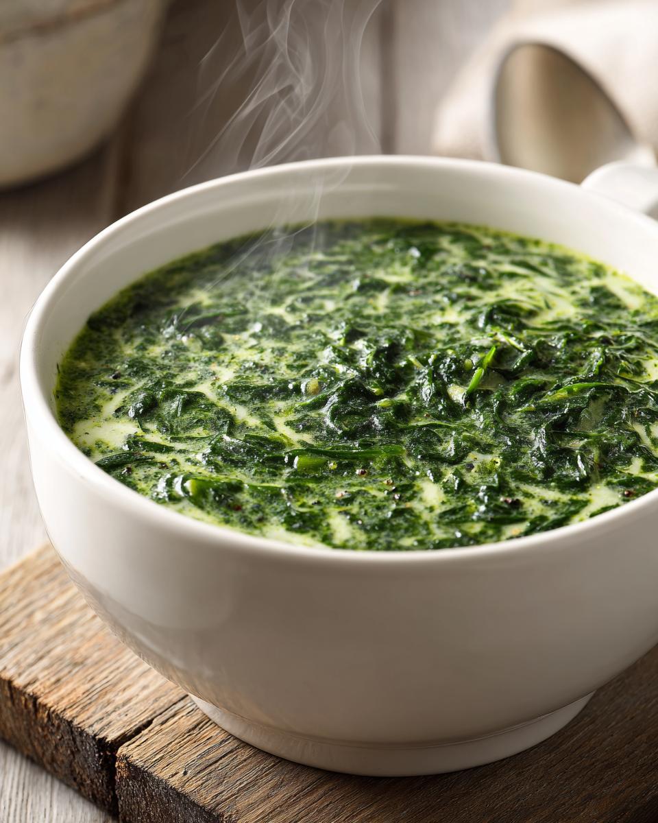 Close-up of a steaming white bowl filled with rich, creamy spinach soup, showing visible pieces of spinach.
