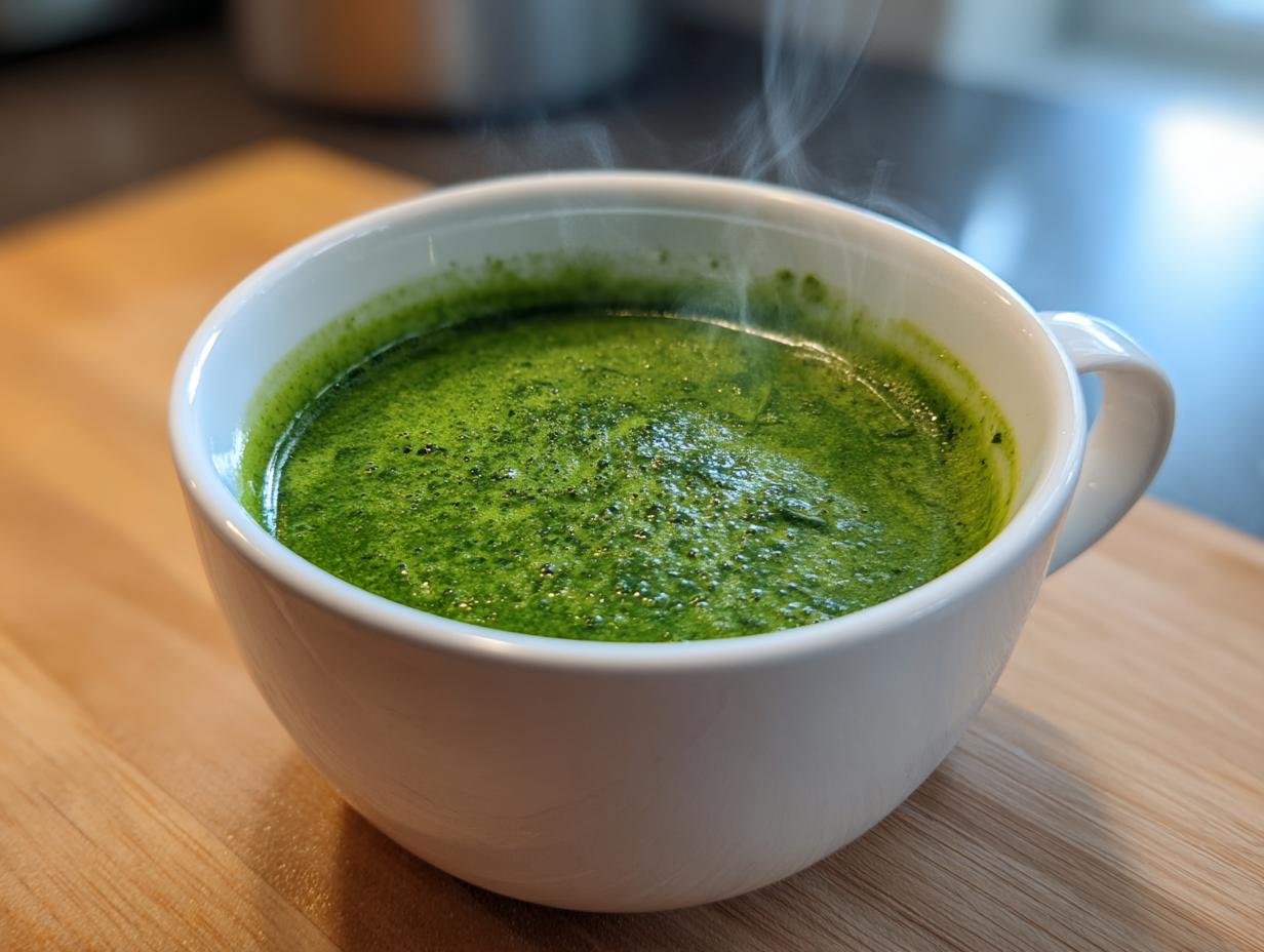 Close-up of steaming, vibrant green creamy spinach soup served in a white mug on a wooden surface.