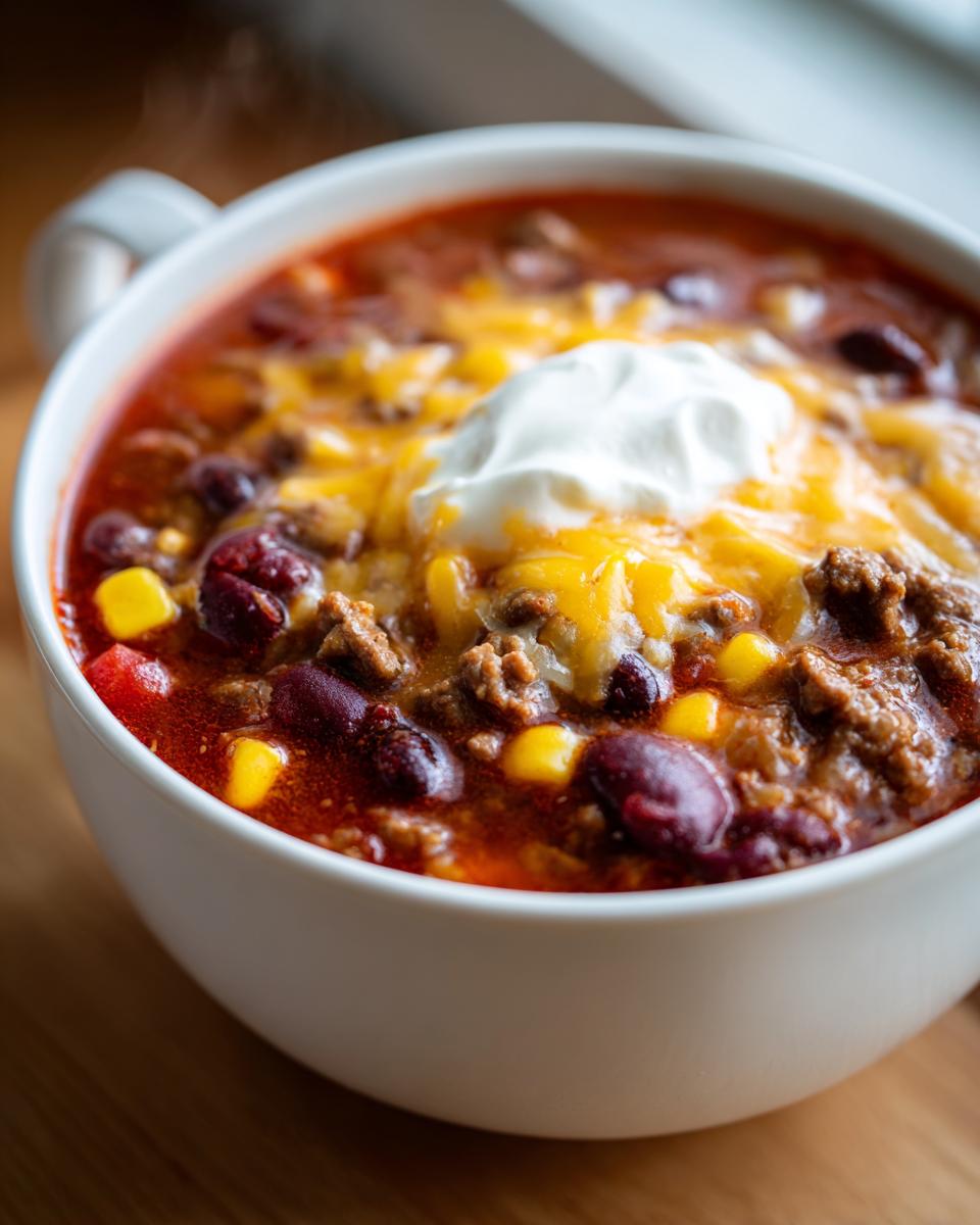 Close-up of a steaming white bowl filled with rich crockpot cowboy soup, topped with melted cheese and sour cream.