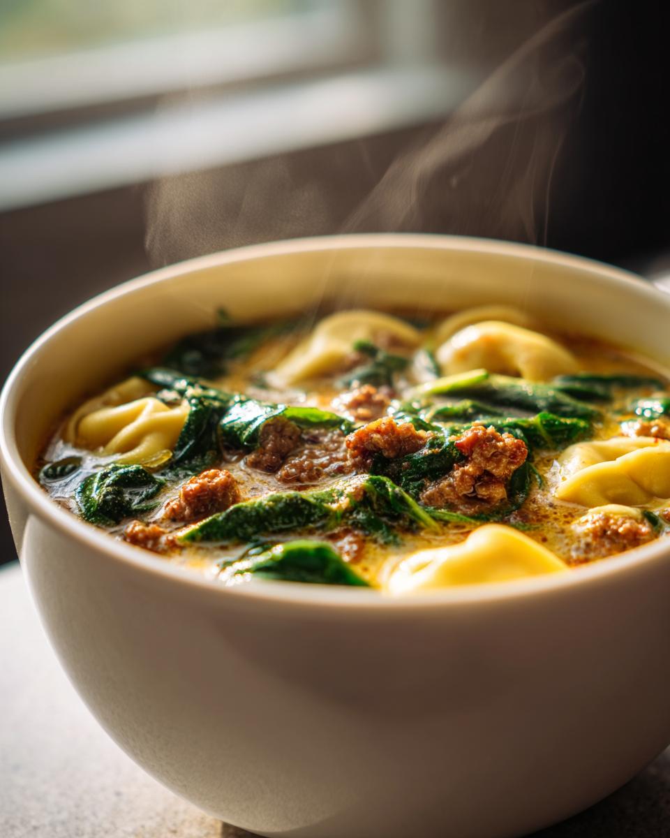 Close-up of a steaming bowl of italian sausage tortellini soup with spinach in a creamy broth.
