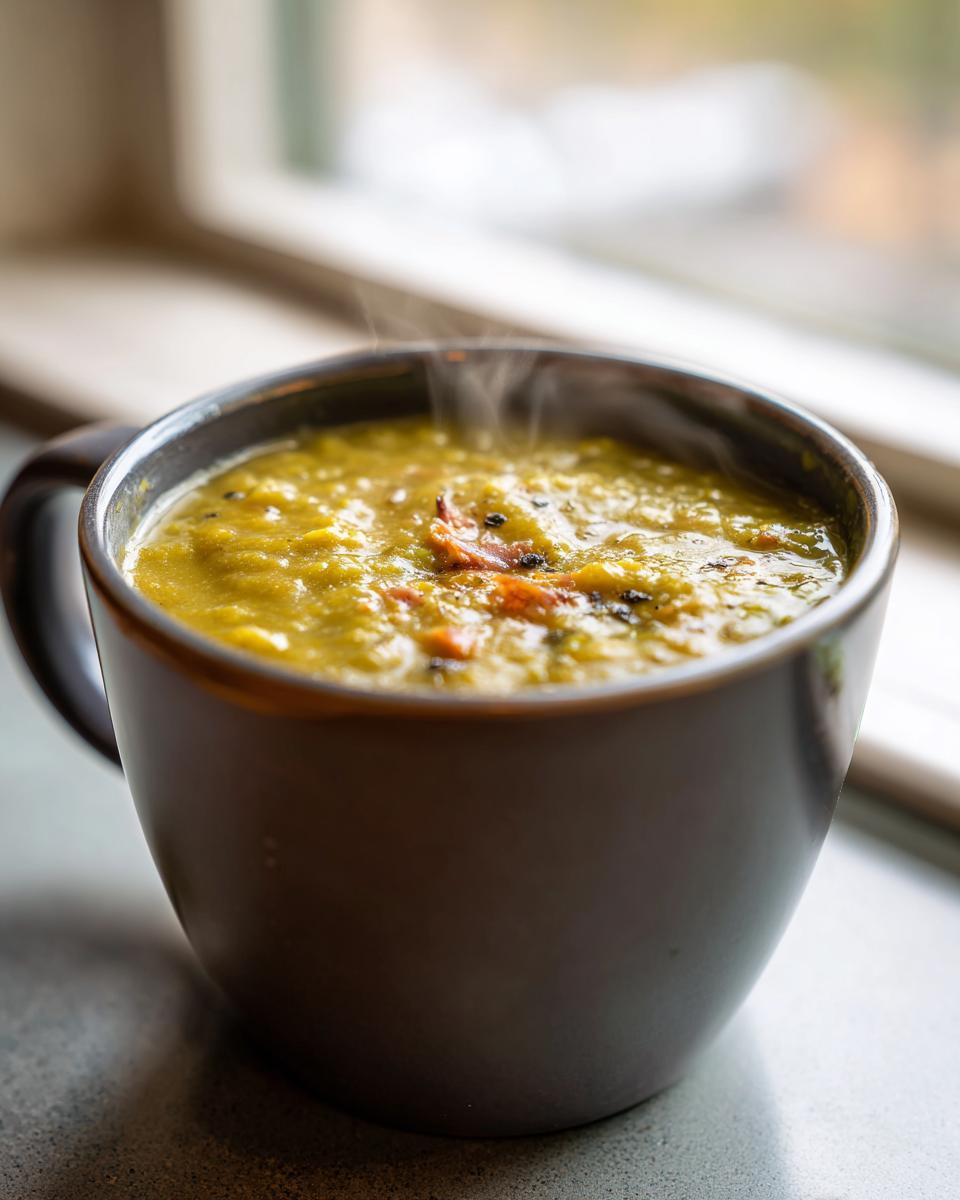 Close-up of steaming hot, thick yellow pea soup served in a dark mug next to a bright window.