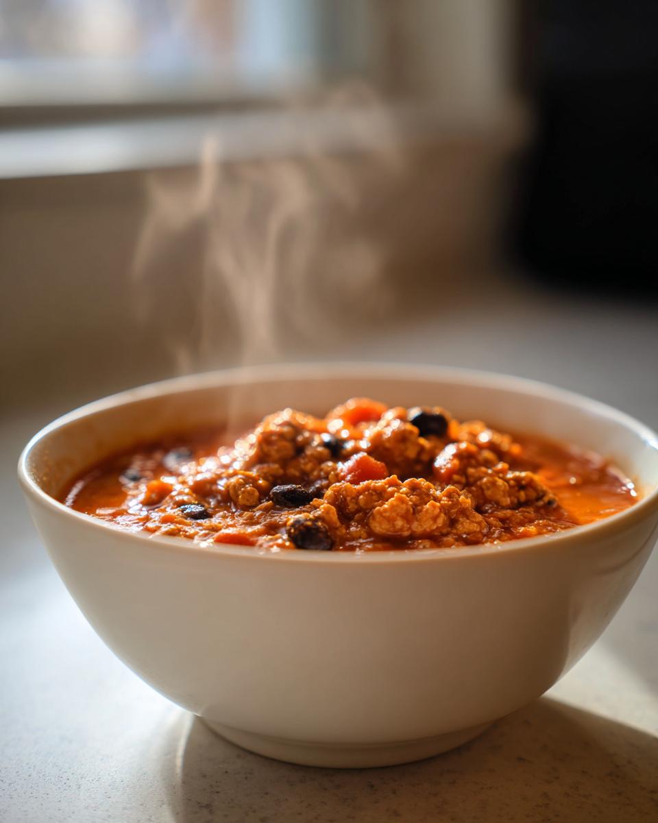 Close-up of a steaming white bowl filled with rich, orange-red pumpkin chili, featuring ground meat and black beans.