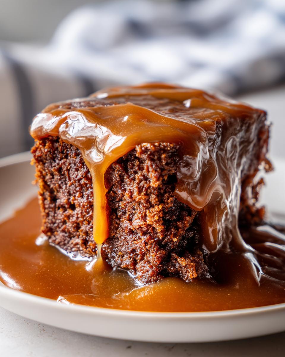 A rich, dark square of sticky toffee pudding recipe cake generously covered in warm toffee sauce.