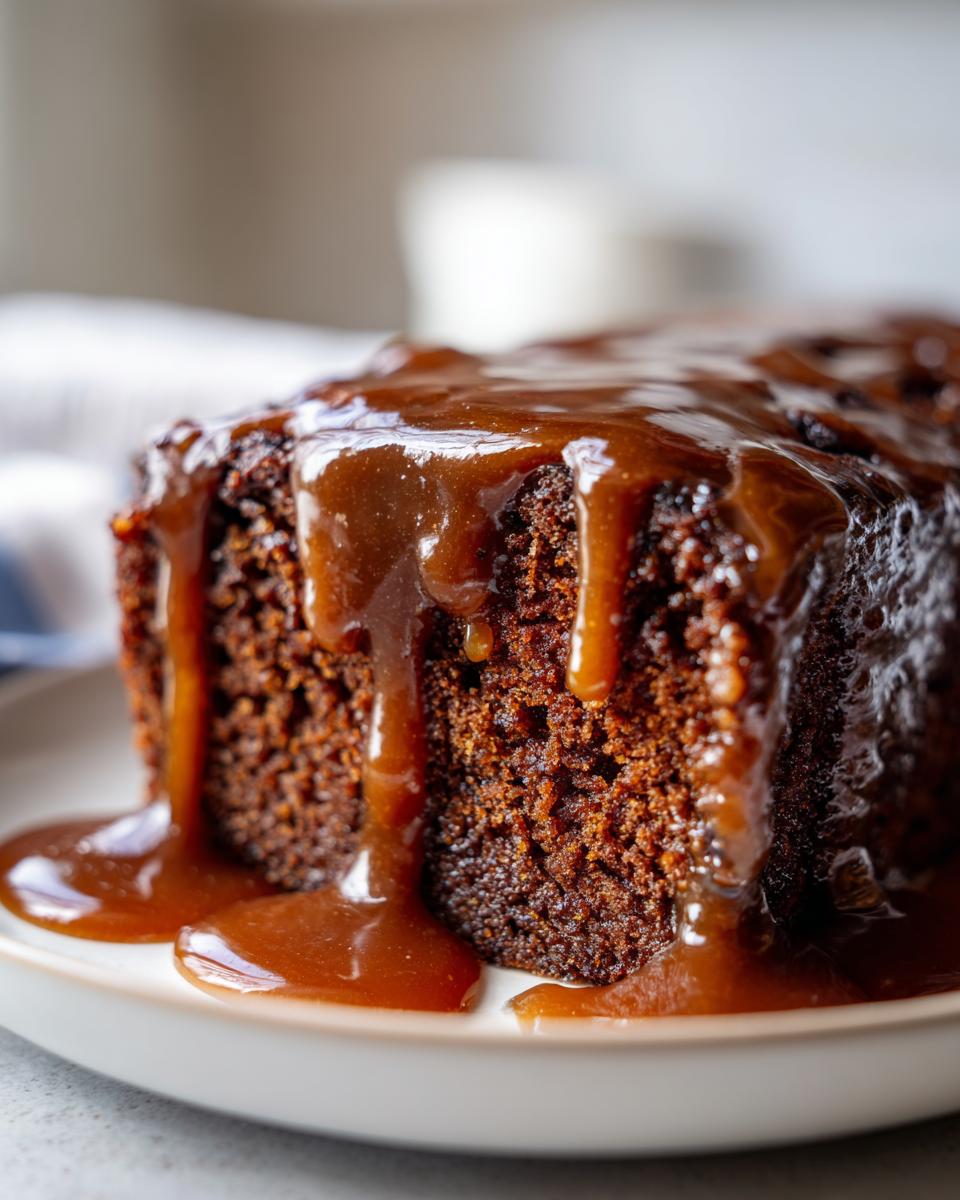 Close-up of a rich, dark sticky toffee pudding recipe cake generously covered in dripping caramel sauce.