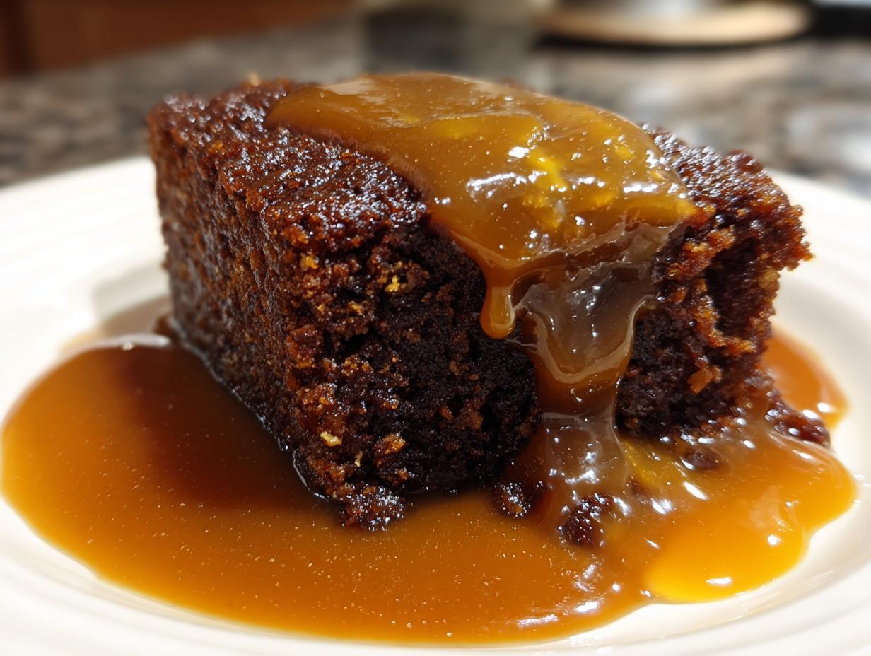 Close-up of a rich, dark slice of sticky toffee pudding recipe covered in dripping toffee sauce.