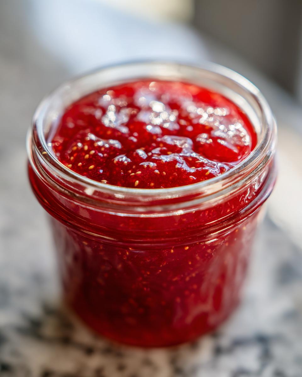 Close-up of bright red strawberry freezer jam filling a small glass jar, showing visible seeds and glossy texture.