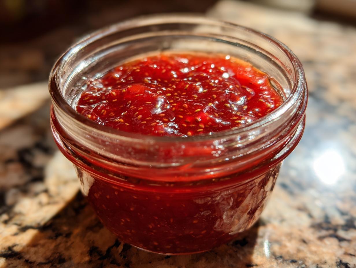 Close-up of a small glass jar filled with vibrant, seed-filled strawberry freezer jam.