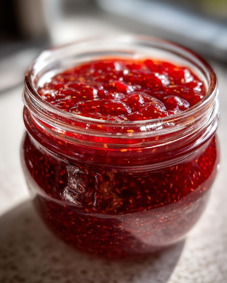 Close-up of a glass jar filled with vibrant, textured strawberry freezer jam, showing visible seeds.