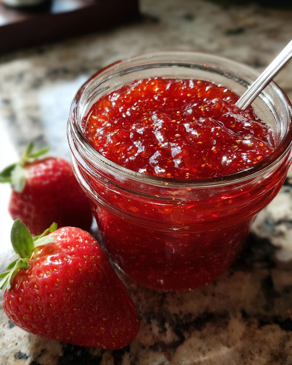 Close-up of a glass jar filled with glistening, bright red strawberry freezer jam, next to two fresh strawberries.