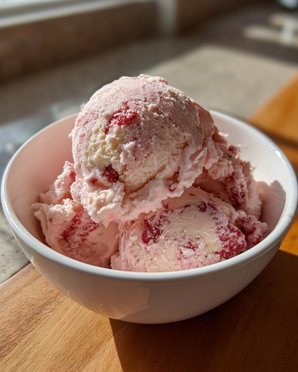 Close-up of several scoops of homemade strawberry ice cream with visible fruit pieces in a white bowl.