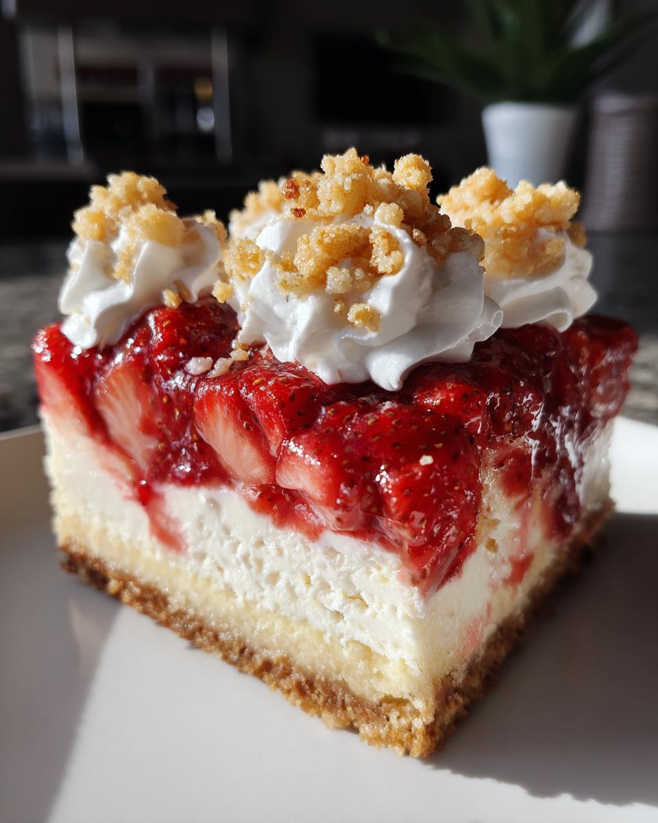 A perfect slice of strawberry shortcake cheesecake featuring a graham cracker crust, creamy filling, strawberry topping, and dollops of whipped cream.